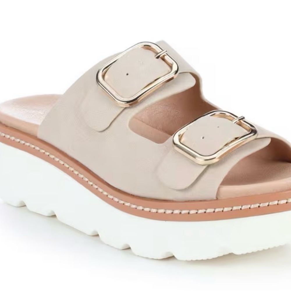 Chinese Laundry Beige Wedges with Gold Buckles